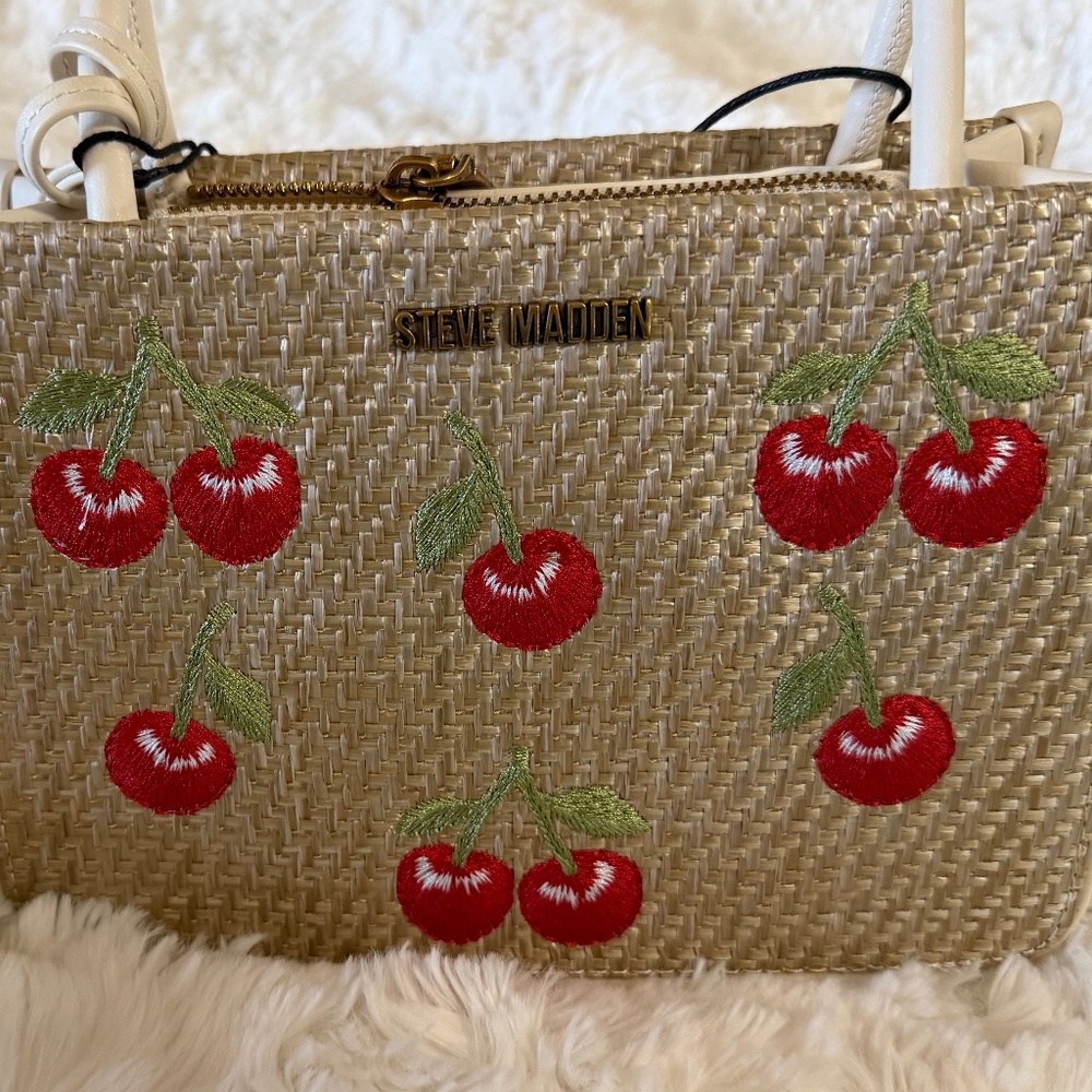 Steve Madden Cherry Embroidered Shoulder Handbag with extra Cherry Bag Charm
